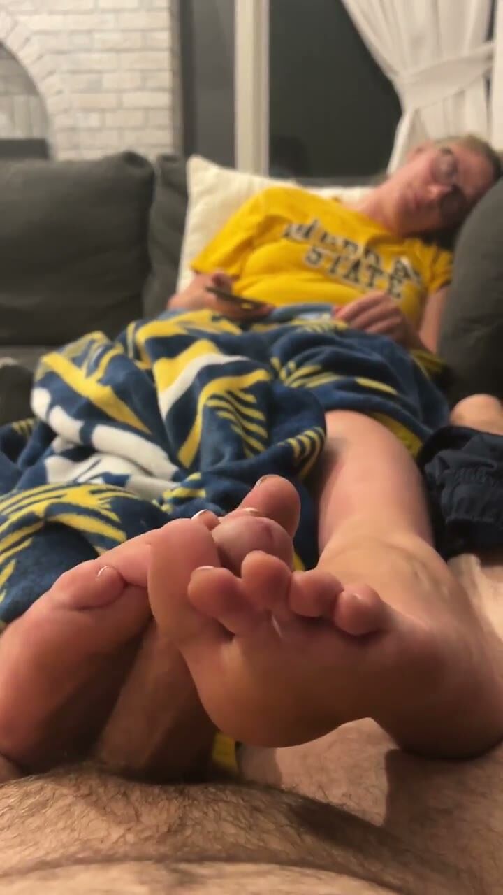 Blonde Glasses Girl Footjob on Couch