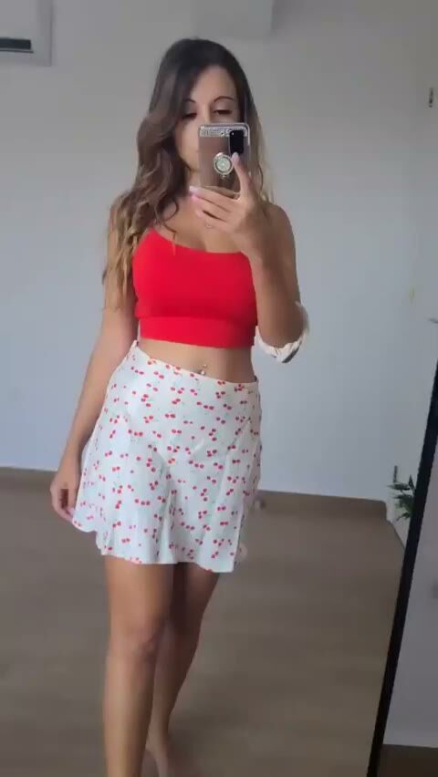 Petite Brunette Teen in Cherry Skirt Mirror Selfie