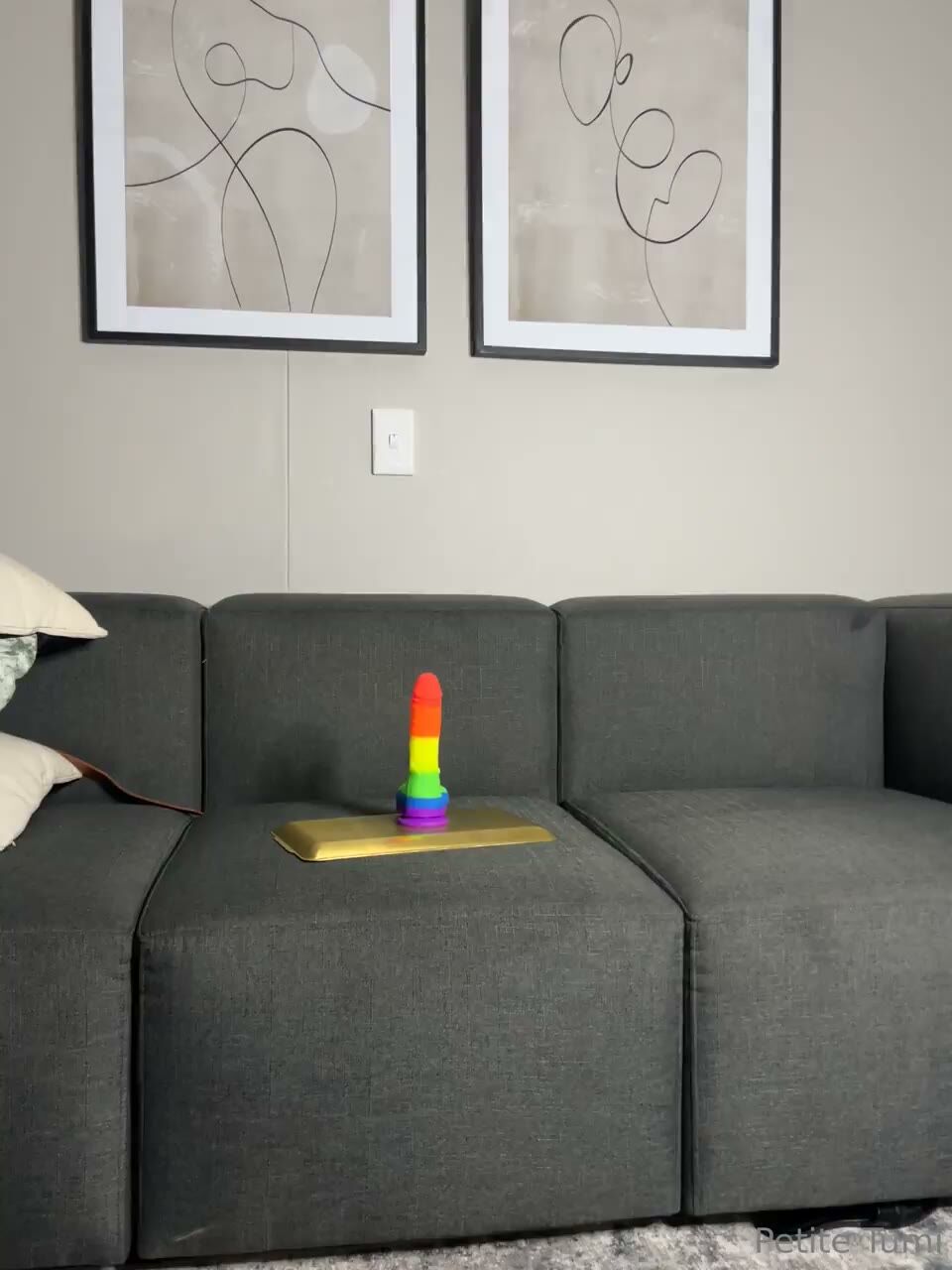 Petite Amateur Rides Rainbow Dildo on Couch