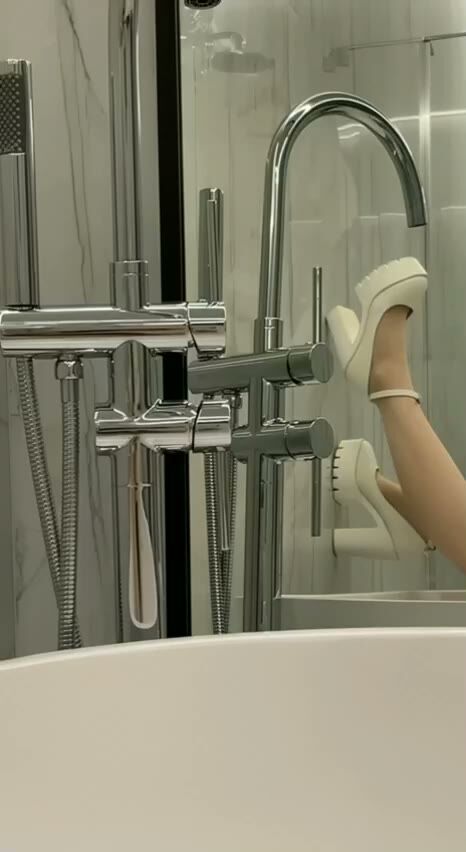 Sexy Feet in White Heels Bathroom Tease