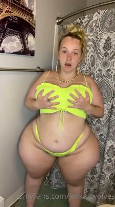 Curvy Blonde BBW Teases in Neon Yellow Bikini
