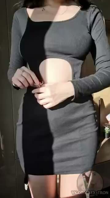 Curvy Brunette in Revealing Cutout Dress Teasing