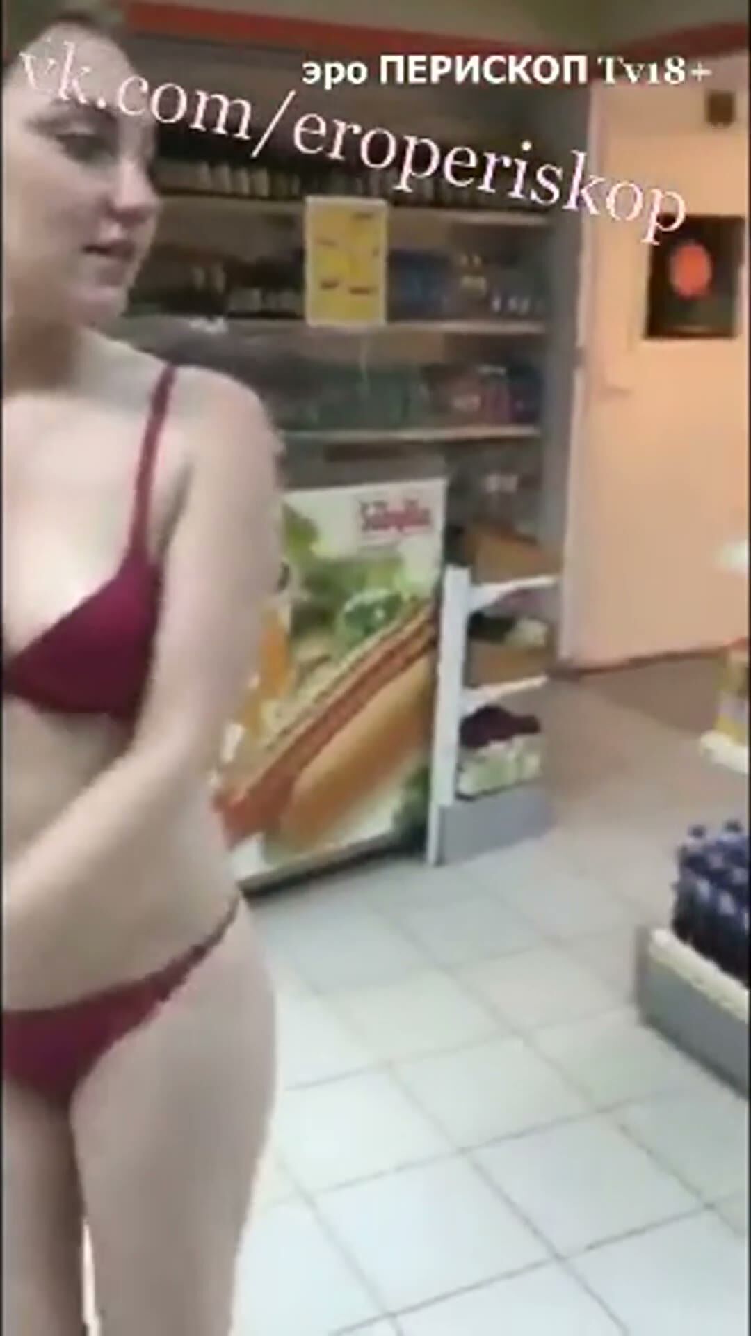 Curvy Blonde in Red Lingerie Store Walk