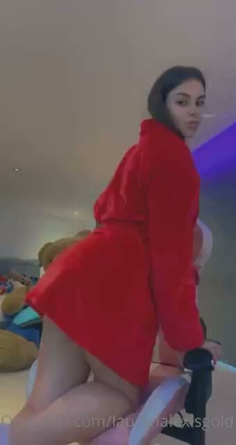 Brunette in Red Robe Rides Dildo Sex Machine