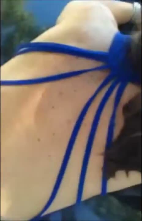 Brunette Blue Strappy Bikini Outdoor Tease
