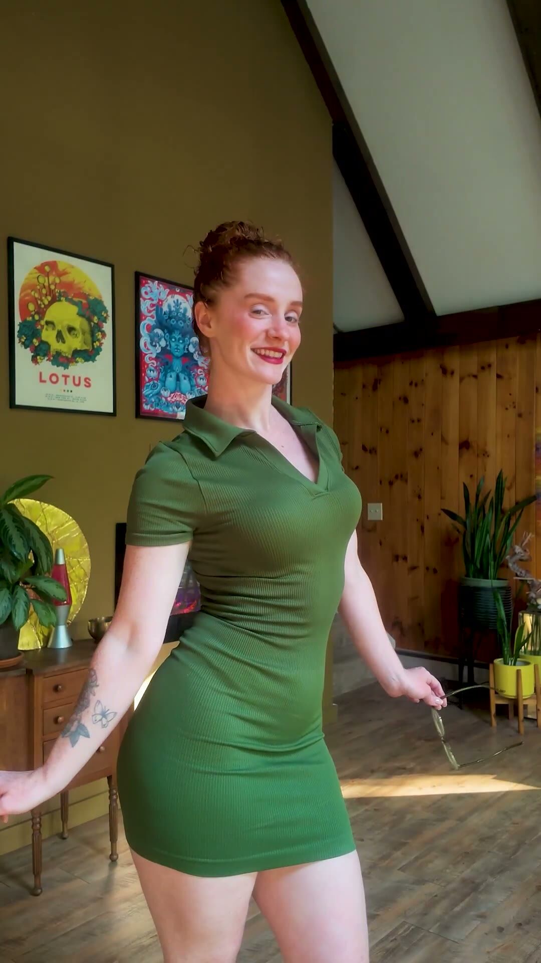 Curvy Redhead Teases in Tight Green Dress