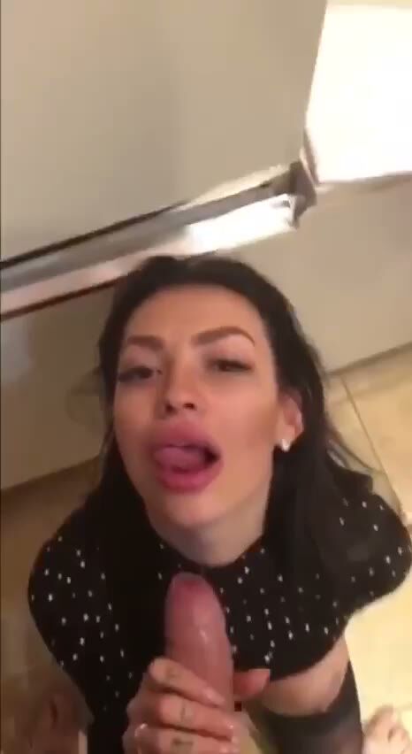 Tattooed Brunette Blowjob POV in Kitchen