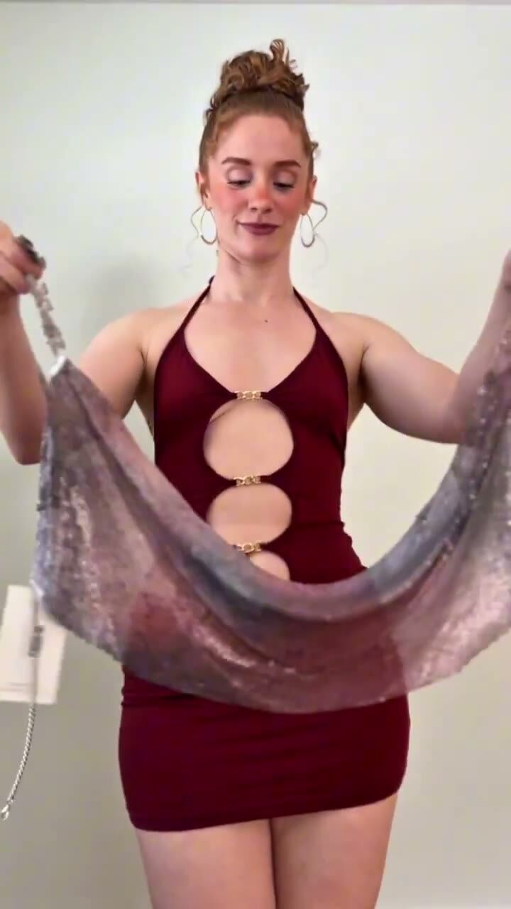 Redhead Babe Models Sparkly Mesh Outfit
